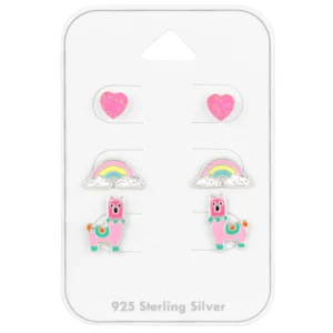 Zilveren kinderoorbellen - Regenboog Lama (set)